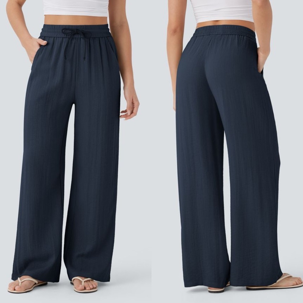 NWT Halara Highwaisted Drawstring Wide Leg Women's Navy Pants Sz L Tall - Picture 2 of 9